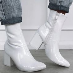 Please! I Want These So Bad. In 6 Or 7 Trendy White Patent Leather Heels, Luxury White Heels With Stacked Heel, Luxury White Stacked Heel Heels, White High Heel With Heel Tab, White Patent Leather High Heel Boots, White Patent Leather Block Heels, White High Heels With Heel Tab, Trendy White Almond Toe Heels, White Pointed Toe Heels With Heel Tab