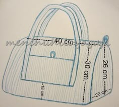 a drawing of a handbag is shown with measurements for the size and width in blue ink