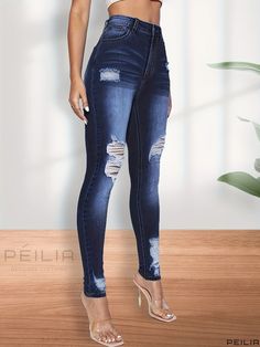 Peilia - Womens Mid-Stretch Dark Blue Distressed Skinny Jeans with Slim Fit and Ripped Holes, Stylish Denim Apparel Fitted High Rise Jeans With Holes, Fitted High-rise Jeans With Holes, Style Preppy, Fabric Medium, Long Length, Cool Outfits, Dark Blue, Cotton Blend, Slim Fit