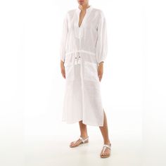 Tory Burch White Linen Caftan V-Neck Dress Featuring Adjustable Drawstring At Waist, Two Slip Pockets And Side Vents. White Beachwear Dress With Tie Waist, Beachwear Dresses With Tie Waist For Daywear, Casual V-neck Kaftan For Daywear, Bohemian Split Neck Day Dress, Elegant White Kaftan For Daywear, Long Daywear Beach Dress, White Casual Kaftan For Daywear, Chic Tunic Kaftan For Daywear, Chic Kaftan Tunic For Daywear