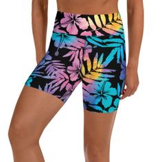 Women's 5" length UV Paddle Board Swim Shorts are designed with UPF 50 sun protection and a modest length to keep you safe and stylish in the sun. The ombre floral Hibiscus print is vibrant an uses safe Oeko Tex inks for chlorine-safe swimming and an eco-friendly option. • 82% polyester, 18% spandex, unlined • Very soft four-way stretch fabric • Comfortable high waistband • Triangle-shaped gusset crotch • Flat seam and coverstitch Hand wash cold, gentle. Air dry. Avoid contact with rough surface Tropical Swimwear With Built-in Shorts, Multicolor Hawaiian Style Shorts, Multicolor Hawaiian Short Bottoms, Multicolor Hawaiian-style Shorts, Tropical Style Swimwear With Tropical Print, Tropical Style Swimwear With Short Length And Tropical Print, Tropical Print Swimwear, Short Length, Beach Floral Print Stretch Shorts, Stretch Floral Print Beach Shorts