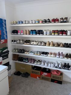 there are many pairs of shoes on the shelves