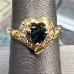 14k Yellow Gold Diamond & Sapphire Ring. Heart Shaped Sapphire. 1 Carat. 3.5 Grams. Size 7.25. Pt385 Sapphire Jewelry For Valentine's Day Formal, Blue 14k Gold Heart Cut Jewelry, Blue 14k Gold Jewelry With Heart Cut, Elegant Heart Shaped Sapphire Ring For Formal Occasions, Sapphire Ring Gold, Diamond Sapphire Ring, Gold Sapphire Ring, Ring Heart, Sapphire Diamond Ring