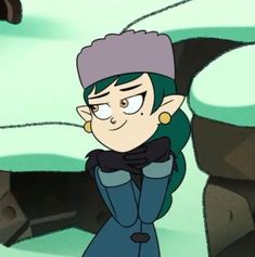 an animated image of a woman with green hair wearing a purple hat and blue coat