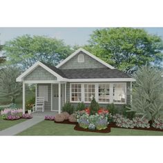 this is a computer rendering of a small house with flowers in the front yard and landscaping around it