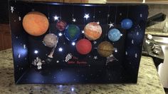 the solar system is on display in a black frame with stars and planets hanging from it's sides