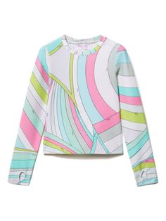 white/multicolour metallic threading abstract pattern print crew neck long sleeves thumb slots straight hem Junior Girls Clothing, Dress With Jean Jacket, Baby Boy Accessories, Dolce And Gabbana Kids, Boys Accessories, Stella Mccartney Kids, Suits Coats, Threading, Swimwear Tops