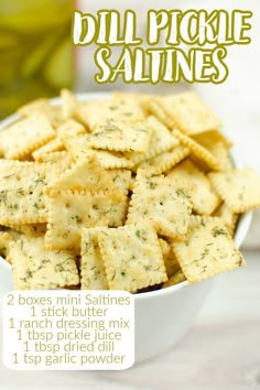 homemade dill pickle saltine crackers in a white bowl with text overlay