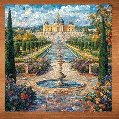 a painting of a garden with a fountain in the foreground and flowers on the other side