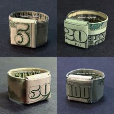 four different types of money rings with the number twenty five on each side and one hundred dollars