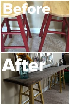 before and after photos of an old wooden bar stool with red paint on the legs