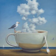 a painting of a bird sitting on top of a cup with steam coming out of it