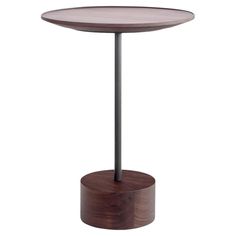 a wooden table with metal legs and a round base on the top, against a white background