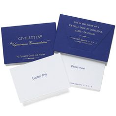 three blue and white envelopes with the words civilities printed on them are shown