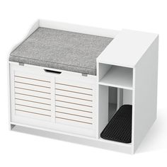 a white bench with a gray cushion on it's seat and storage compartment underneath