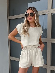 Women's 2024 Casual Cotton Linen 2Piece Set Crew Neck Cap Sleeve Top and Short Solid Pant Casual Solid Linen Set, Casual Linen Sets With Pockets, Casual Solid Color Sets For Vacation, Casual Solid Color Vacation Sets, Casual Two-piece Set For Vacation, Solid Color Crew Neck Sets For Spring, Solid Crew Neck Sets For Spring, Solid Crew Neck Spring Sets, Casual Beige Linen Set