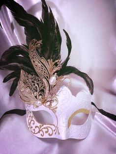 Masquerade Feather Ball Venetian Mask Metal Laser Cut Black/Gold and White/Gold Ball Masks, Decorative Masks, Venetian Carnival Masks, Half Mask, Venetian Mask, Mardi Gras Mask, Carnival Masks, Masks Masquerade