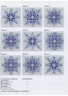 the cross stitch pattern is shown in blue and white, as well as four squares