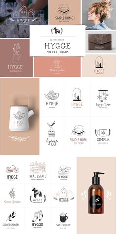 the logo design for hygge is shown in several different colors and sizes