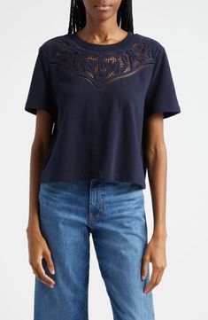 Veronica Beard Monty Guipure Lace Yoke Cotton T-Shirt | Nordstrom Summer Cotton Pointelle Knit T-shirt, Cotton Pointelle Knit T-shirt With Crew Neck, Cotton Pointelle Knit Crew Neck T-shirt, Crew Neck Cotton T-shirt With Pointelle Knit, Crew Neck Cotton Top With Lace Trim, Cotton Tops With Lace Trim And Crew Neck, Cotton Crew Neck Top With Lace Trim, Cotton Tops With Lace Trim And Short Sleeves, Cotton Pointelle Knit Top With Relaxed Fit