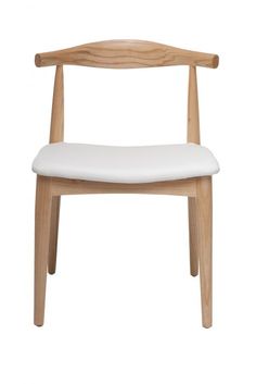 a wooden chair with a white seat cushion