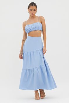 Bondi Waist Tie Maxi Skirt Blue Flowy Blue Maxi Skirt, Blue Ruffled Fitted Maxi Skirt, Blue Flowy Tiered Maxi Skirt, Blue Tiered Beach Skirt, Non-stretch Blue Tiered Maxi Skirt, Pink Dress Shoes, Brunch Dress, Yellow Bridesmaid Dresses, Red Bridesmaids