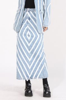 This maxi skirt features a high-waisted denim construction and a unique blue and white striped diamond pattern. Button closure at the waist and a slit at back provide custom fit and comfort.Fabric: Cotton, Polyester High Waisted Denim, Diamond Pattern, Fabric Cotton, Custom Fit, Maxi Skirt, Active Wear, Light Blue, Blue And White, High Waisted