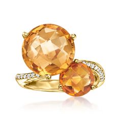 Ross-Simons - 8.50ct t. w. Yellow, Orange Citrine Ring, .11ct t. w. Diamonds. Size 5. Sweeten up your sumptuous style with decadent honey hues. Our gorgeous ring features 8.50 ct. t. w. yellow and orange round citrines, artfully offset and elevated by .11 ct. t. w. round brilliant-cut diamonds sparkling along the slender 14kt yellow gold curved band. 5/8" wide. Diamond and citrine ring. Citrine birthstones are the perfect gift for November birthdays. Cake Makeover, Citrine Birthstone, Orange Citrine, Colored Stone Rings, Gorgeous Ring, Orange Cake, Vintage Glam, Citrine Ring, Yellow Sapphire