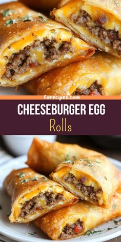 cheeseburger egg rolls on a white plate