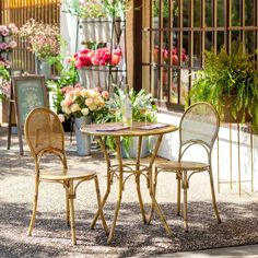 three chairs and a table in the middle of a patio with potted flowers behind them