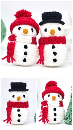 crocheted snowmen with hats and scarfs are shown in three different pictures