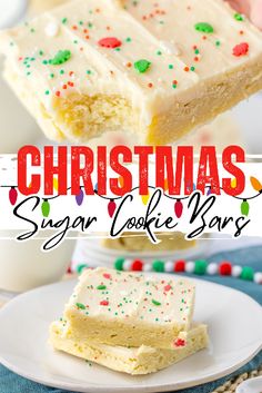 christmas sugar cookie bars with white frosting and sprinkles are on a plate