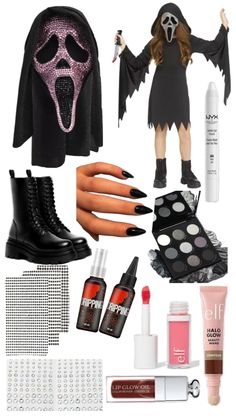 the contents of a halloween costume including makeup and accessories