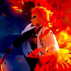 an anime character is surrounded by fire and flames