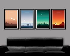 three minimalist posters are hanging on the wall above a couch in a living room