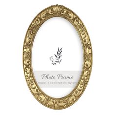 an oval gold frame with scrolls and leaves on the edges, in front of a white background