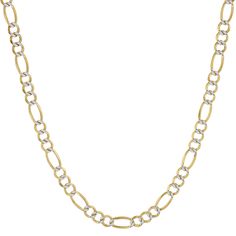 Two-Tone Pave Figaro Link Chain Necklace 14K Yellow White Gold - Solid - bayamjewelry Small Gauges, Real Gold Jewelry, Figaro Chains, Figaro Chain, Link Chain Necklace, Chain Link Necklace, Staple Pieces, 10k Gold, Solid Yellow