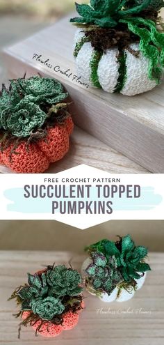 two crocheted pumpkins sitting on top of a wooden table next to each other