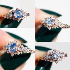 four pictures of an engagement ring with three diamonds on top and one diamond in the middle