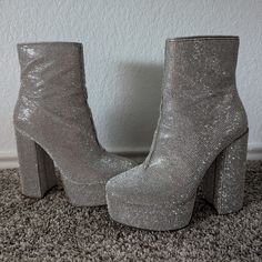 Steve Madden Platform Boots. Worn Only One Time! In Great Condition. Flaw Of Rhinestones On The Back Of The Right Boot. Pictured In The Photos, Really Not Noticeable. Super Fun Boots! True To Size. Steve Madden Platform Boots, Fun Boots, Sparkly Boots, Silver Platforms, Steve Madden Platform, Shoes Steve Madden, Platform Boots, Steve Madden Shoes, Shoes Heels Boots