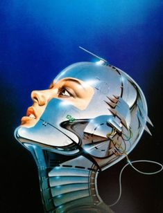 a woman wearing a futuristic helmet with wires coming out of her face and the head