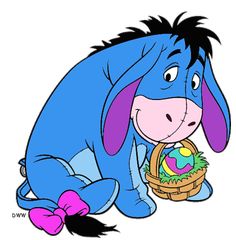 a cartoon donkey with an easter basket in its lap, looking down at the ground