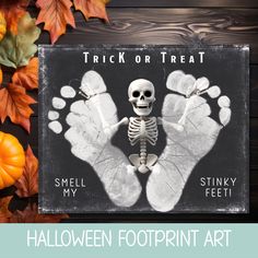 an image of a skeleton and paw prints in the shape of two hands with words trick or treat smell my stinky feet