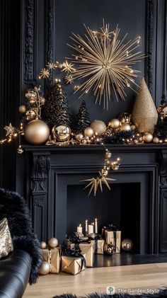 a fireplace decorated with gold and silver christmas decorations