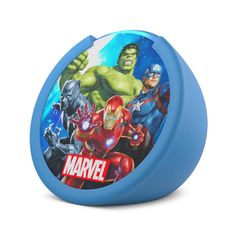 a blue plastic container with an image of the avengers and iron man characters on it