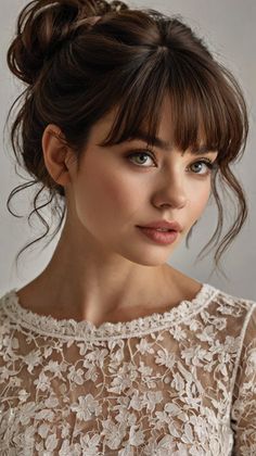 💇 wedding hairstyles half length with bangs: Elegant Textured Waves with Micro Bangs Look Bridal Hairstyles Bangs, Hair Updos With Bangs, Bride Hairstyles Bangs, Bride With Bangs Hairstyles, Bridal Hairstyle With Bangs, Bride With Bangs, Bridal Hair Bangs, Mother Of The Bride Hair With Bangs, Bridal Updo Bangs