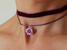 "Flower choker and stud earrings with handmade rose in lilac color Each petal of flower made by hand Dia flower of necklace about 17 mm Dia flower of earrings about 13 mm Length of choker is adjustable: 28-33 cm/11-13 inch or 33-38 cm/13-15 inch or 14-16 inch/ 35.5 cm-40.6 cm Width of ribbon 10 mm/0.4 inch If you need other length of necklace let me know and I will make it for you. Polymer clay isn't afraid of water, strong and non-toxic. Gorgeous gift for women and girls as handmade item ♥All m Descendants Oc, Etsy Wishlist, Rose Choker, Polymer Clay Flower Jewelry, Lilac Roses, Etsy Ideas, Collar Choker, Necklace Collar, Flower Choker