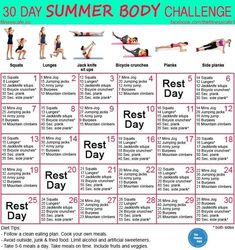 the 30 day summer body challenge is shown in this poster, which includes exercises to help you