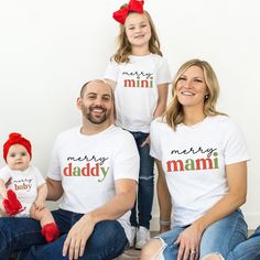 🎄  Celebrate the holidays in style with our 'Matching Family Christmas Shirts' Each shirt features a festive "Merry Mami," "Merry Daddy," "Merry Mini," or "Merry Baby" design, perfect for creating special memories together. Snag yours today and make this Christmas extra merry and bright!   🎄✨ The best pregnancy gifts are ideal for a Pregnancy Announcement. You can also buy it as a Baby Shower Gift. Get yours now and make this season unforgettable! 📋 HOW TO ORDER: . Choose color and size . Sel White Family Matching T-shirt For Holidays, Family Matching White Holiday Tops, White Family Matching Holiday Tops, Family Matching White Tops For Holiday, White Family Matching Tops For Holidays, Couples Matching Outfits, Newborn Christmas, Fun Size, Matching Couple Outfits