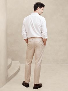 Tailored-Fit Linen-Blend Trouser | Banana Republic Factory Casual Linen Dress Pants With Welt Pockets, Spring Business Casual Linen Chinos, Casual Linen Dress Pants For Workwear, Spring Linen Chinos With Straight Hem, Fitted Linen Casual Chinos, Fitted Linen Chinos Casual Style, Casual Linen Dress Pants With Relaxed Fit, Casual Relaxed Fit Linen Dress Pants, Spring Linen Chinos For Work